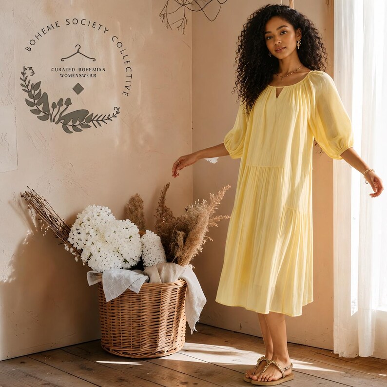 Yellow boho midi dress for women featuring lightweight Tencel fabric, romantic puff sleeves, flowing A-line silhouette, and adjustable lace-up waist detail. Feminine cottagecore summer dress with soft airy texture and relaxed fit perfect for brunch dates, vacations, garden parties, tea parties, casual chic styling, and everyday elegance. Pastoral-inspired midi dress in buttery yellow tone designed for breathable comfort and graceful movement during spring and summer wear.
