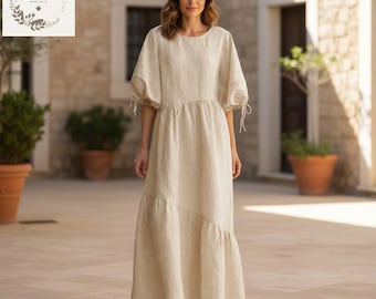 Cotton Linen Blend Maxi Dress, Lantern Puff Sleeve, Tiered Boho Summer Style