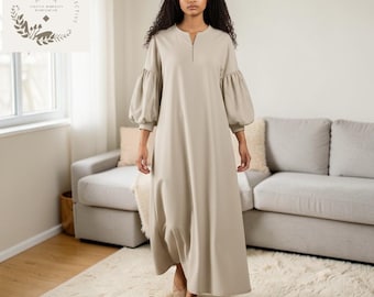 Cotton Linen Maxi Dress, Minimalist Loose Balloon Sleeve, Modest Boho Style