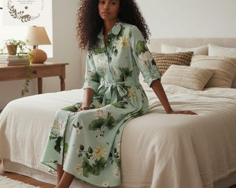 Vestido camisero floral verde menta para mujer, estilo vintage, con cinturón y botones, largo midi, elegante estampado botánico.