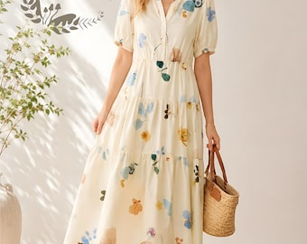 Mulberry Silk Cotton Dress Women Watercolor Print V Neck Puff Sleeve Midi Summer Dress