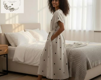 Cream Linen Polka Dot Midi with Belt,Casual Loose A Line Dress, Minimalist Style Womens