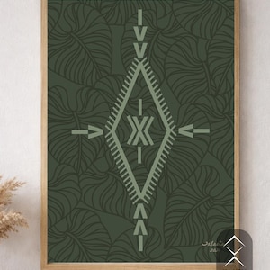 May include: A framed print featuring a dark green background with a repeating leaf pattern. A light green diamond shape with arrows and geometric designs is centered on the print. The print is signed "Jalaeta 2021" and includes the text "FAITH & ELEI".