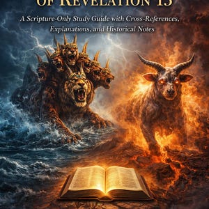 Puede incluir: Portada del libro "The Two Beasts of Revelation 13" con ilustraciones de bestias míticas y un libro abierto. El texto dice: "A Scripture-Only Study Guide with Cross-References, Explanations, and Historical Notes."