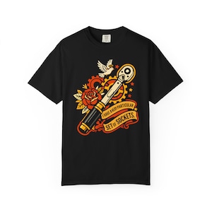 Mechanic Tattoo Shirt, Funny Skull Wrench Tee, Neo Traditional Flash Art, Gearhead Gift, 10mm Socket Joke, Car Guy Grease Monkey T-Shirt