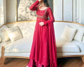 Vestido largo Anarkali rosa, traje de seda pakistaní hecho a mano, atuendo para invitada a boda india, ropa elegante para ocasiones festivas.