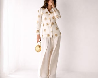 Conjunto de traje de lujo de seda de 2 piezas para mujer, hecho a mano, estilo blazer bordado, pantalón de pierna ancha, vestido de fiesta para invitada de boda.