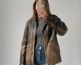 Chaqueta de cuero oversize para mujer – Chaqueta bomber de cuero genuino estilo vintage de los años 90 – Chaqueta motera estilo urbano retro