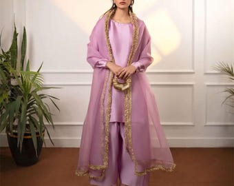 女性用手作りシーシャシルクドレス、パキスタンの花嫁ゲスト衣装、ファルシシャルワールスーツ、デザイナーエスニックウェア