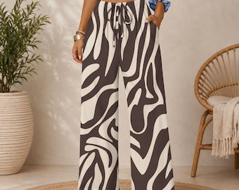 Boho Lounge Pants Women, Relaxed Fit Wide Leg Pants, Summer Vacation Palazzo Trousers, Lightweight Travel Outfit