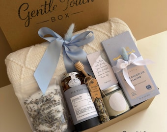 Self Care Gift Box for Her, Tea Gift Set with Blanket, Relaxation Gift Basket, Cozy Hygge Gift for Women, Birthday Gift