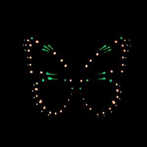 May include: A butterfly graphic composed of small, glowing dots and short, thin lines arranged in a symmetrical pattern against a solid black background. The design features a mix of light peach and vibrant neon green luminous markings.