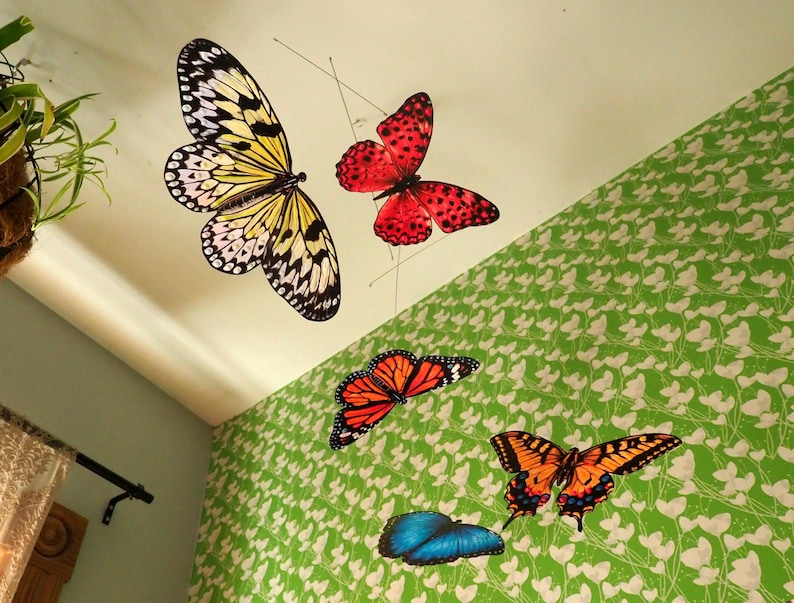 May include: A hanging mobile featuring five butterfly ornaments suspended from thin wires. The butterflies include a large yellow and black one, a red and black spotted one, an orange and black monarch, a swallowtail, and a solid blue butterfly.