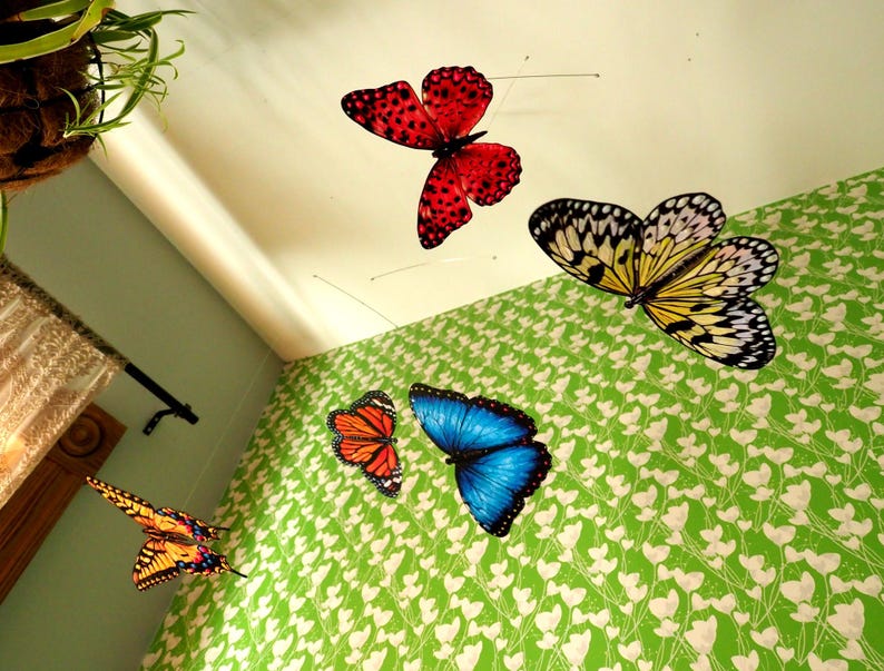 May include: A mobile featuring five decorative butterflies in various colors and patterns, including red with black spots, yellow and black, orange and black, blue and black, and yellow and black, suspended from thin wires against a white ceiling.