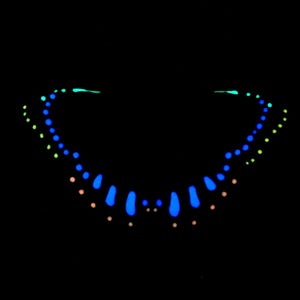 May include: A symmetrical arrangement of glowing dots and teardrop shapes against a solid black background. The pattern features a central row of bright blue teardrops, flanked by curved lines of smaller blue, light green, and soft orange dots.