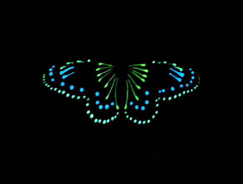 May include: A glowing butterfly graphic set against a solid black background. The design features vibrant neon blue and bright lime green dots and elongated strokes arranged in a symmetrical pattern to form the shape of butterfly wings.