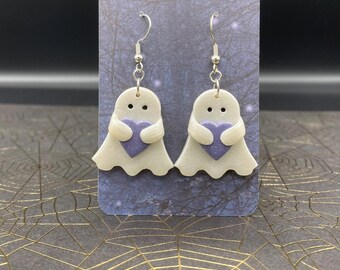Cute Ghost with Purple Heart Clay Earrings