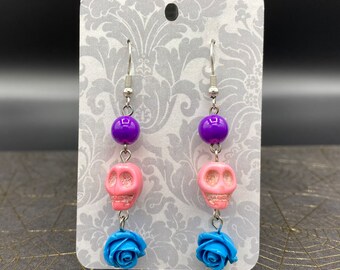 Purple Pink and Blue Skull and Rose Earrings