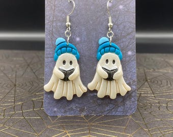 Ghost with Beanie Reading a Book Clay Earrings
