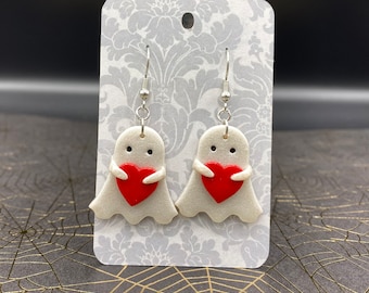 Ghost with Red Heart Spooky Valentine Polymer Clay Earrings