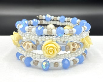 Blue and White Skull and Rose Memory Wire Wrap Bracelet