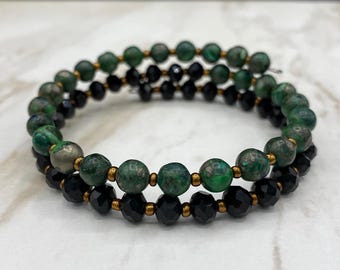 Memory Wire Bracelet Green and Black Reconstituted Malachite Beades
