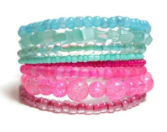 Aqua and Pink Beaded Wrap Bracelet