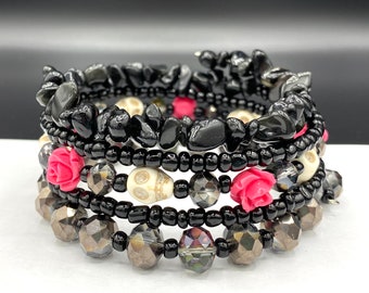 Obsidian and Pink Skull and Rose Memory Wire Wrap Bracelet Extra Large