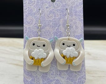 Cute Yeti with Beer Polymer Clay Earrings