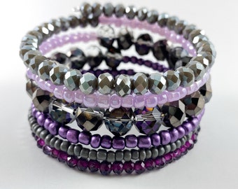 Purple and Gray Wire Wrap Bracelet, Memory Wire Bracelet