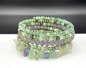 Fluorite Green and Purple Memory Wire Wrap Bracelet
