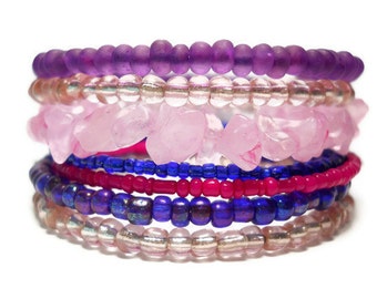 Stacking Bracelet Bright Blue Pink Purple Memory Wire Beaded Wrap