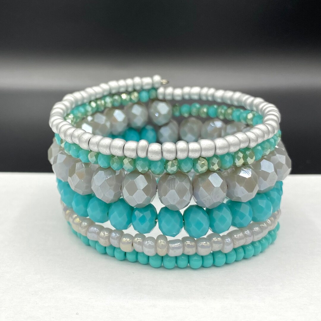Teal Memory Teal and Gray Memory Wire Wrap Bracelet - Etsy