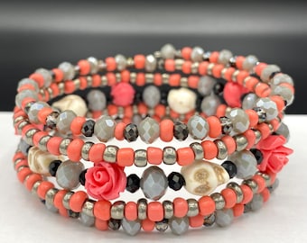 Pink and Gray Skull and Rose Extra Large Memory Wire Wrap Bracelet