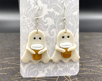 Ghost with Coffee Polymer Clay Earrings