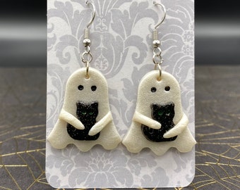 Ghost with Black Cat Polymer Clay Earrings