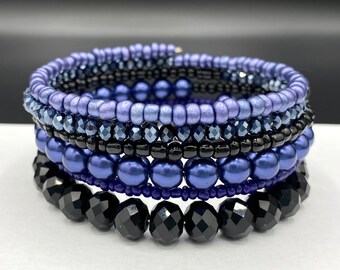 Extra Large Black and Blue Memory Wire Wrap Bracelet