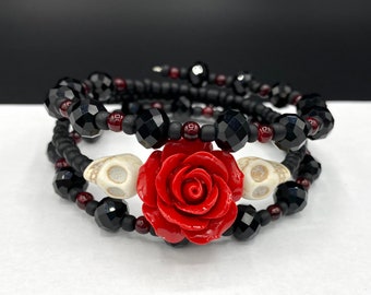 Extra Large Skull and Rose Memory Wire Wrap Bracelet