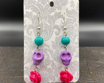 Teal Purple Fuchsia Skull and Rose Earrings