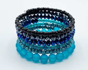 Ocean Blue Wire Wrap Bracelet, Memory Wire Bracelet