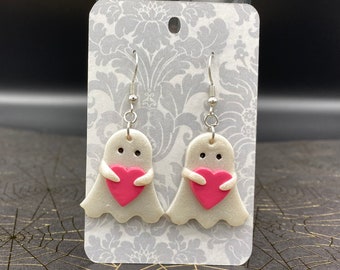 Ghost with Pink Heart Spooky Valentine Polymer Clay Earrings