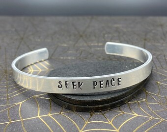 Seek Peace Hand Stamped Adjustable Aluminum Bracelet
