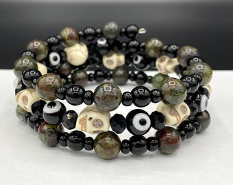 Dragon Blood Stone Evil Eye and Skull Memory Wire Wrap Bracelet Extra Large