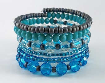 Light Blue and Gray Wrap Memory Wire Bracelet