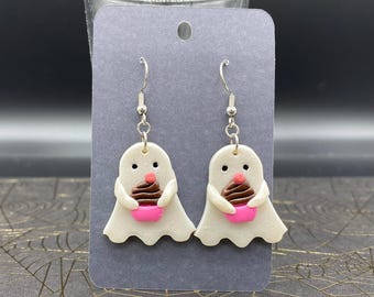 Ghost with Chocolate Cupcake Pink Polymer Clay Earrings