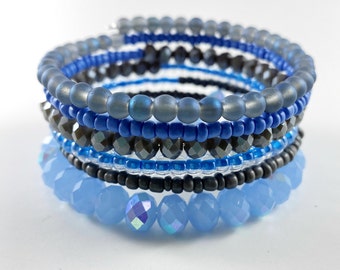 Blue and Gray Wire Wrap Bracelet, Beaded Memory Wire Bracelet