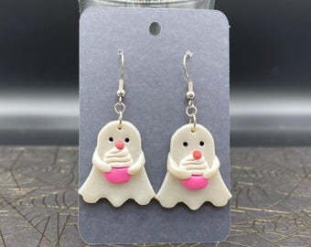 Ghost with Vanilla Cupcake Pink Polymer Clay Earrings