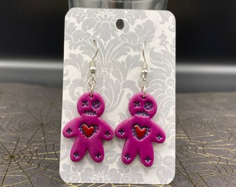 Voodoo Doll Polymer Clay Earrings Burgundy