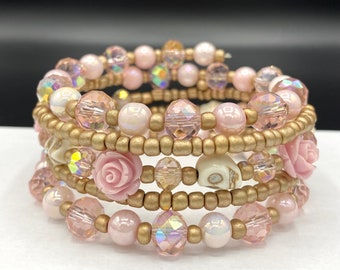 Extra Large Pink and Tan Skull and Rose Memory Wire Wrap Bracelet