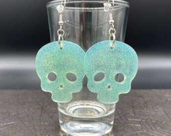 Aqua Skull Resin Earrings